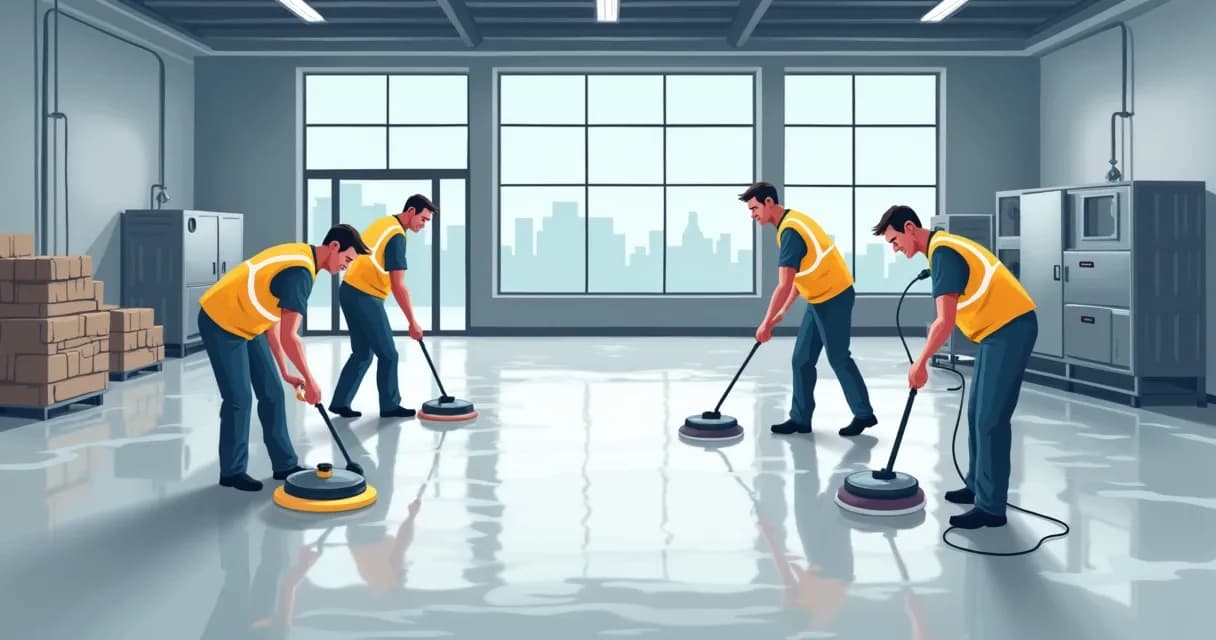 Ilustração corporativa de profissionais instalando piso de concreto polido em ambiente industrial moderno 