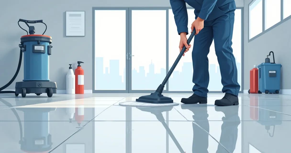 Ilustração corporativa mostrando profissional aplicando selante em piso de concreto polido dentro de ambiente industrial claro 
