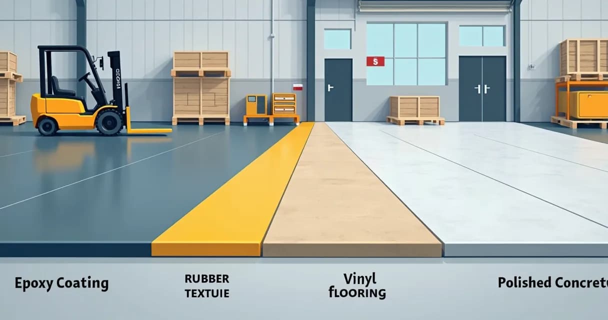 Ilustração corporativa dos diferentes tipos de piso para galpão industrial em um ambiente de fábrica 