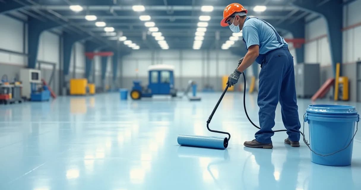 Instalação de piso industrial epóxi em fábrica com superfície lisa e brilhante 