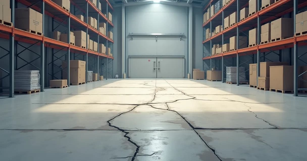 Piso industrial de concreto com áreas danificadas e sinais de desgaste visíveis em galpão industrial 