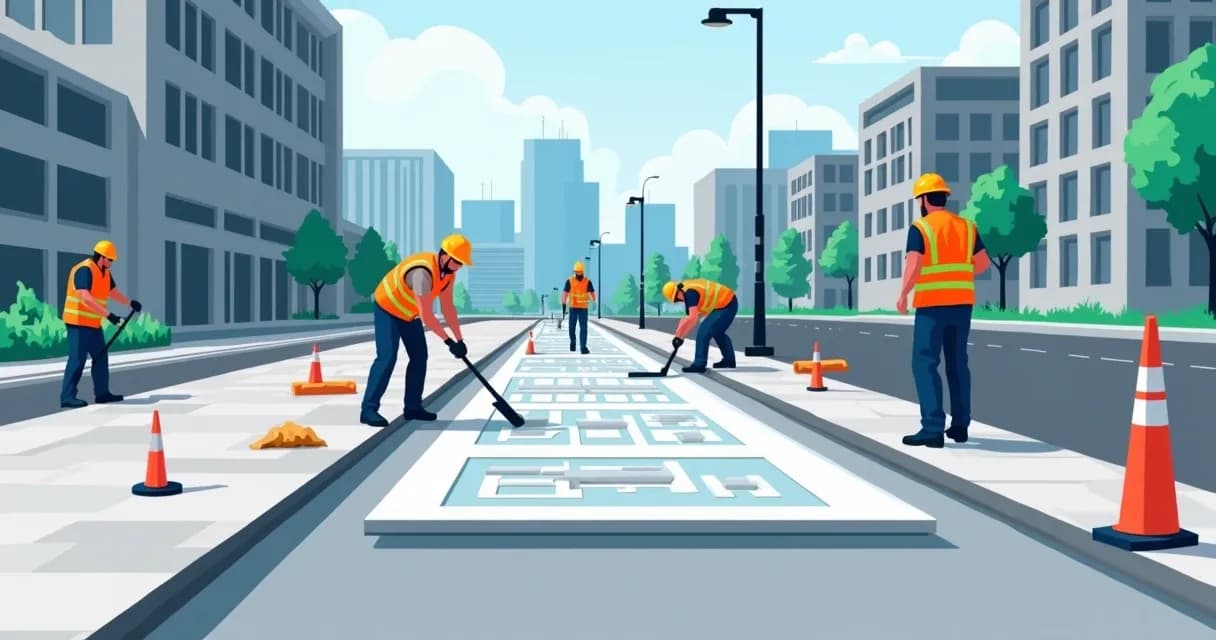 Ilustração flat corporativa de trabalhadores instalando piso de concreto em calçada urbana com ferramentas e plantas urbanas no fundo 